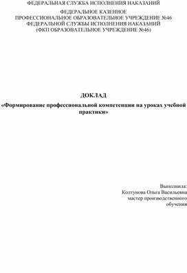 Доклад: "Формирование профессиональных компетенций на уроках учебной практики"