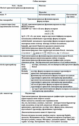 Тригонометриялық функциялардың  формулалары (сабақ жоспары)