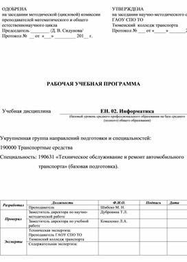 Обложка для материала Рабочая программа по ЕН.02 Информатика для специальности ТО