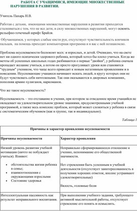 Статья работа с учащимися , имеющие множественные нарушения развития.