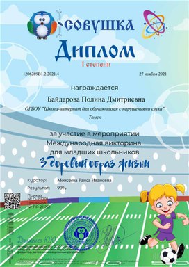 Обложка для материала Викторина "Здоровый образ жизни" Диплом 1 степени Байдаровой Полины