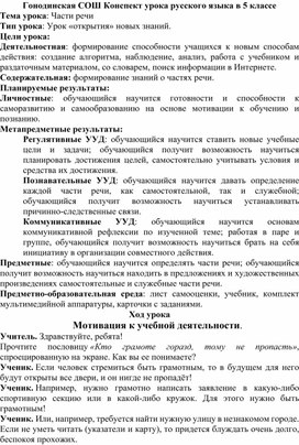 Открытый  урок по русскому  языку на тему : " Части речи "  5 класс