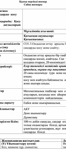 1Сжәне  азайту_Қосу және азайту дағдыларын бекіту_ҚЫСҚА МЕРЗІМДІ ЖОСПАР