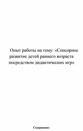 Обложка для материала Опыт работы на тему: «Сенсорное развитие детей раннего возраста посредством дидактических игр»