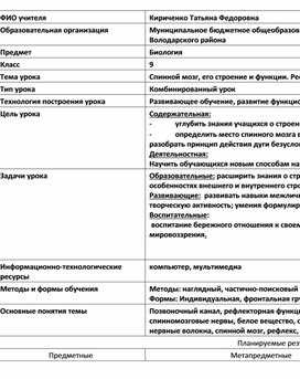 Урок биологии в 9 классе с использованием материалов библиотеки ЦОК "Спинной мозг, его строение и функции. Рефлексы спинного мозга"