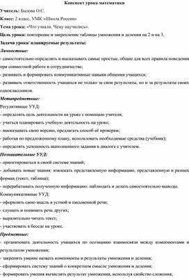 Обложка для материала Методичсекая разработка открытого урока по математике во 2А классе на тему "Что узнали. Чему научились" (умножение и деление)