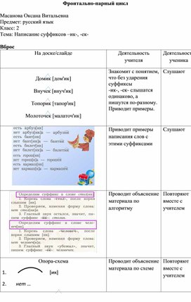 Фрагмент урока русского языка 2 класс (фронтально -парные занятия) по теме "Написание суффиксов –ик-, -ек-"