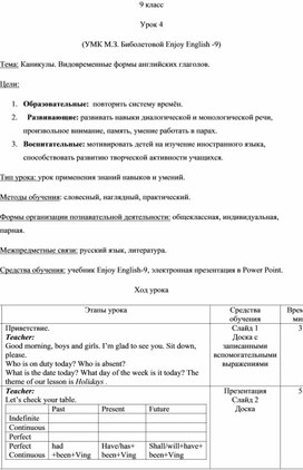 Урок 4. Каникулы. Видовременные формы английских глаголов.УМК М.З. Биболетовой Enjoy English -9