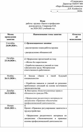 План  работы  кружка «Закон и профессия»  руководитель: Смирнова О.И. на 2020-2021 учебный год