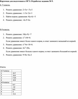 Обложка для материала карточки для отработки задания 9 ОГЭ математика