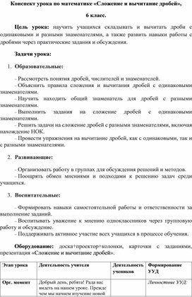 Обложка для материала Конспект "Сложение и вычитание дробей"