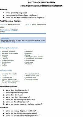 Карточка-задание по английскому языку на тему «NURSING DIAGNOSES: INEFFECTIVE PROTECTION»