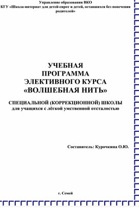 Программа элективного курса «Волшебная нить» для специальной (коррекционной) школы для детей с лёгкой умственной отсталостью .