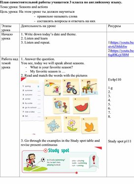 Самостоятельная работа для ученика 3 класса по теме "Seasons and actions " по учебнику Smiles 3 для дистанционного обучения