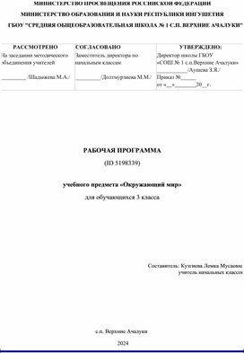 Рабочая программа по окружающему миру 3 класс