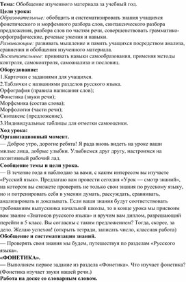 Обложка для материала Открытый урок по русскому языку в 4 классе «Обобщение изученного материала за учебный год»