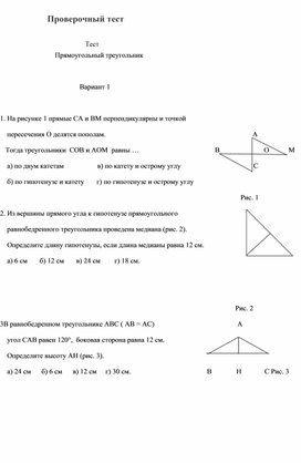 Проверочный тест по теме: "Прямоугольный треугольник"