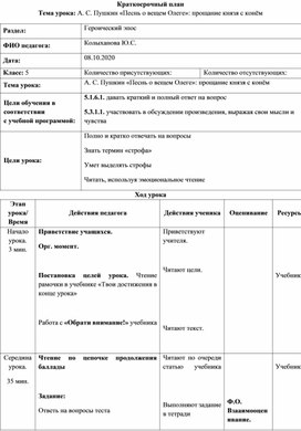 Краткосрочный план. А.С. Пушкин. Песнь о вещем Олеге (прощание князя с конем)