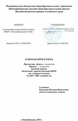 Рабочая программа по технологии для 4 класса