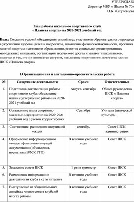 План работы школьного спортивного клуба « Планета спорта»