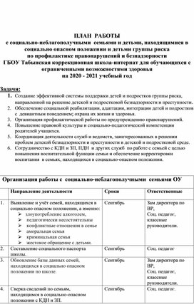 ПЛАН  РАБОТЫ  с социально-неблагополучными  семьями и детьми, находящимися в социально опасном положении и детьми группы риска по профилактике правонарушений и безнадзорности