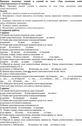 Контрольно-измерительные материалы по русскому языку по теме "Три склонения имен  существительных" (4 класс)