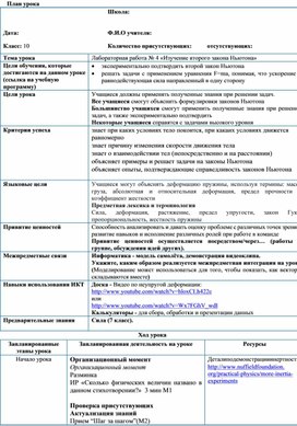 Обложка для материала План урока- Лаб Раб. Изучения второго закона ньютона