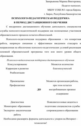 ПСИХОЛОГО-ПЕДАГОГИЧЕСКАЯ ПОДДЕРЖКА  В ПЕРИОД ДИСТАНЦИОННОГО ОБУЧЕНИЯ