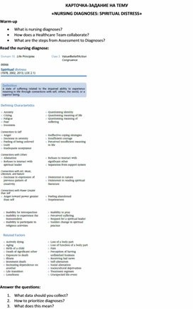 Обложка для материала Карточка-задание по английскому языку на тему «NURSING DIAGNOSES: SPIRITUAL DISTRESS»