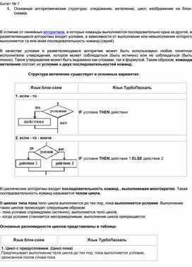Обложка для материала Билет № 7 1.	Основные алгоритмические структуры: следование, ветвление, цикл; изображение на блок-схемах.