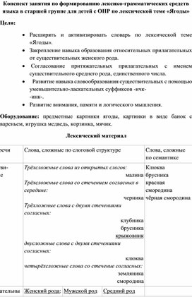 Конспект занятия по формированию лексико-грамматических средств языка в старшей группе для детей с ОНР по лексической теме «Ягоды»