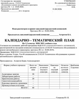 КАЛЕНДАРНО – ТЕМАТИЧЕСКИЙ  ПЛАН МДК 03.01 ТЕХНОЛОГИЯ РЕМОНТА АВТОМОБИЛЕЙ