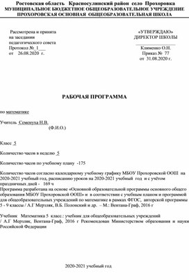Обложка для материала Рабочая программа по математике 5 класс