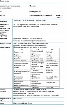 Обложка для материала 2Закон Ома для полной цепи Решение задач Краткосрочный план
