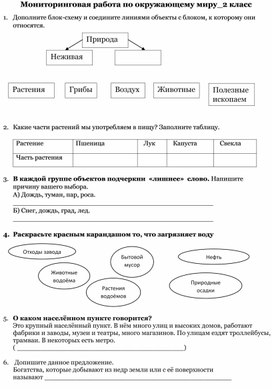 Мониторинговая работа по окружающему миру 2 класс