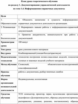 Обложка для материала План урока теоретического обучения по разделу 1. Документирование управленческой деятельности по теме 1.4. Информационно-справочные документы