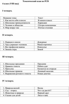Обложка для материала Тематический план по РСВ 4 класс (VIII вид)