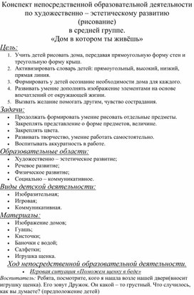 Конспект непосредственной образовательной деятельности по художественно – эстетическому развитию (рисование) в средней группе. «Дом в котором ты живёшь»