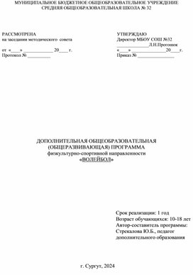 ДОПОЛНИТЕЛЬНАЯ ОБЩЕОБРАЗОВАТЕЛЬНАЯ  (ОБЩЕРАЗВИВАЮЩАЯ) ПРОГРАММА  физкультурно-спортивной направленности «ВОЛЕЙБОЛ»