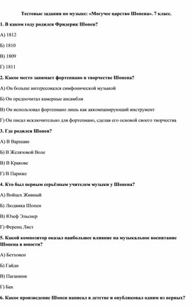 Обложка для материала Тестовые задания по музыке: «Душа фортепиано – Фридерик Шопена». 7 класс.