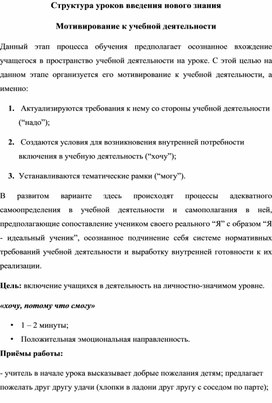 Структура уроков введения нового знания