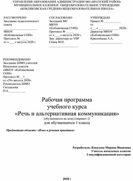 Обложка для материала Программа. 1 класс. Речевая практика (для обучающихся на дому, вариант 2)