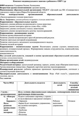 Конспект индивидуального занятия с  ребенком 4 лет с ОНР I ур.