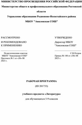 Рабочая программа по литературе в 5-9 классах