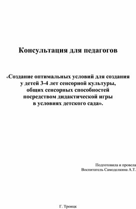 Обложка для материала Консультация для педагогов     «Создание оптимальных условий для создания у детей 3-4 лет сенсорной культуры,  общих сенсорных способностей  посредством дидактической игры  в условиях детского сада».