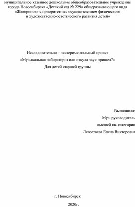 Исследовательно – экспериментальный проект «Музыкальная лаборатория или откуда звук пришел?» Для детей старшей группы