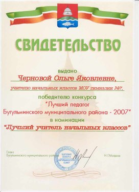 Свидетельство "Лучший педагог Бугульминского муниципального района-2007"номинация "Лучший учитель начальных классов"