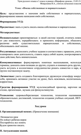 Урок в 1 классе. Тема: «Имена собственные и нарицательные»