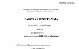 Программа по русскому языку для детей с ОВЗ для 6 класса