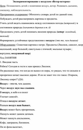 Экспериментирование с воздухом «Ветер-ветерок» 2 мл группа